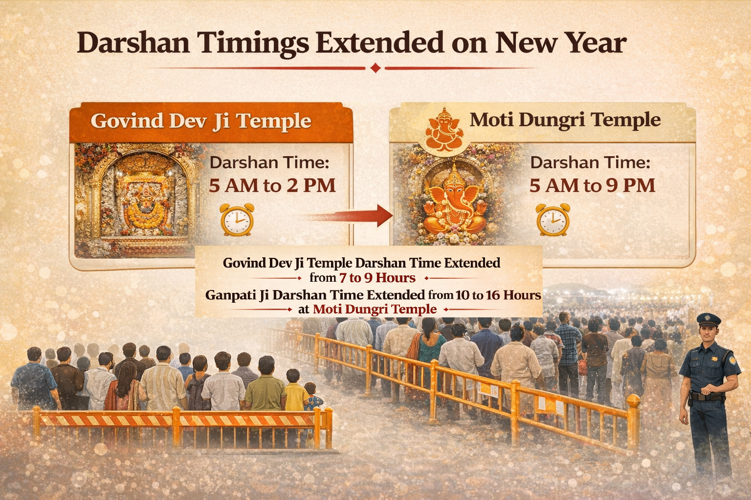 On the New Year, the darshan timings for Govind Dev Ji and Ganpati Ji have been extended