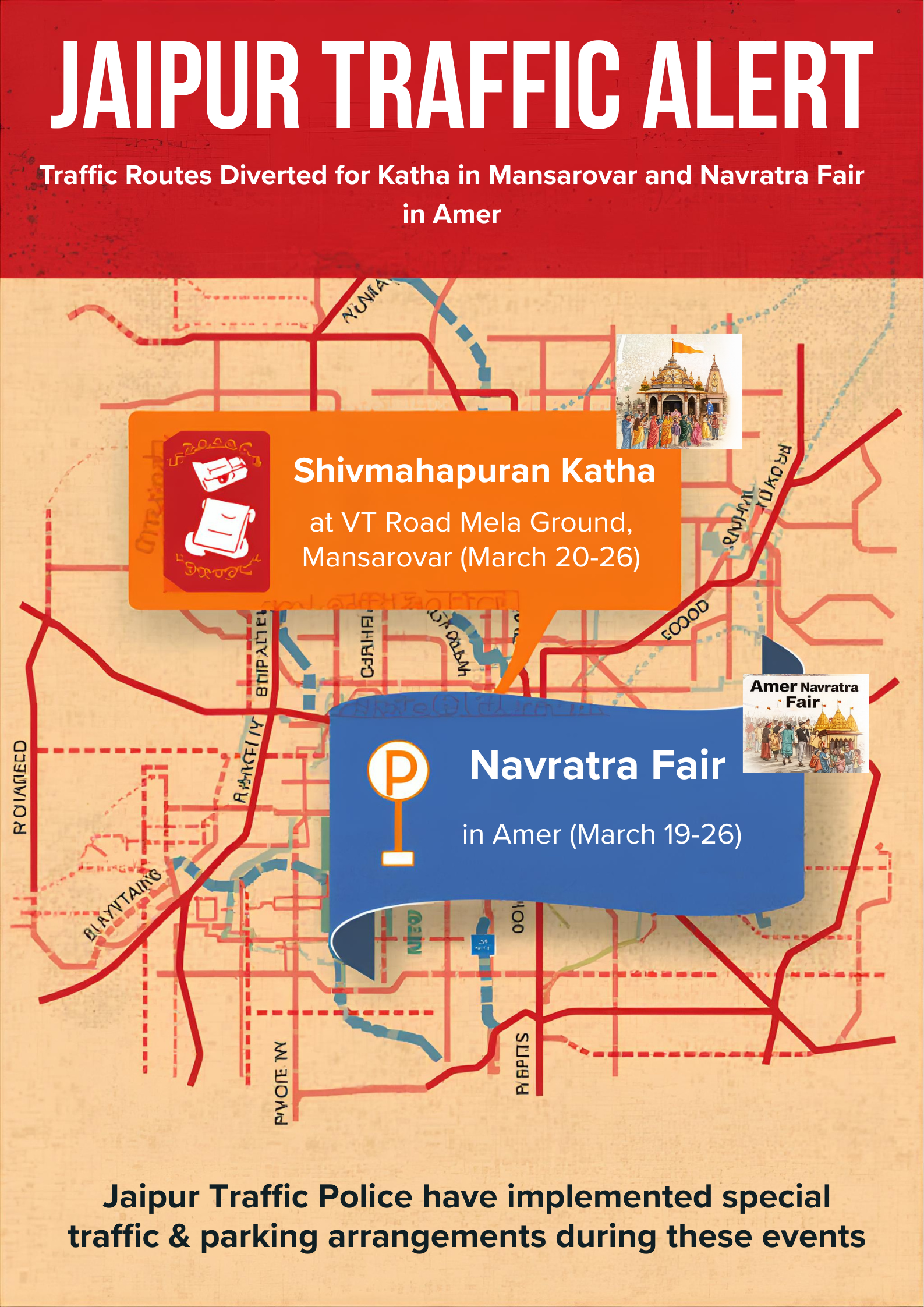 Traffic Routes Diverted for Katha in Mansarovar and Navratra Fair in Amer